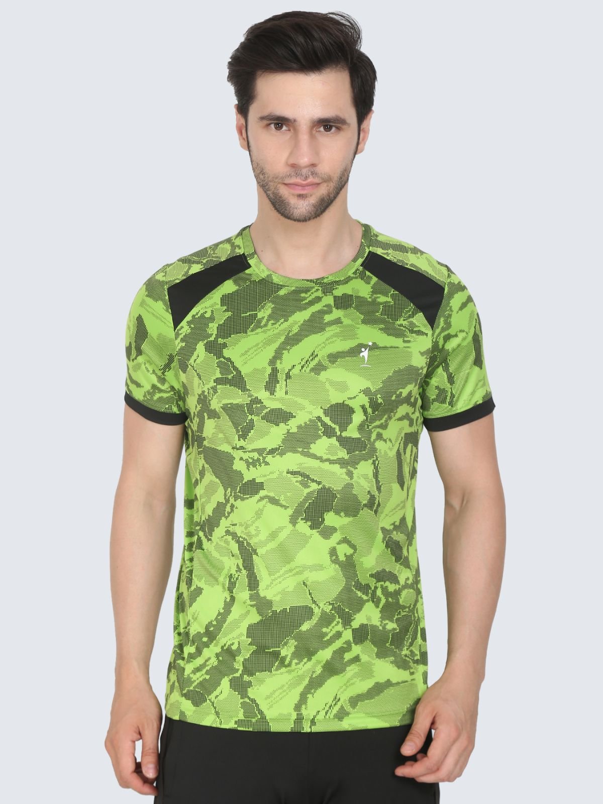 Front view of neon green camo T-shirt with black shoulder panels on a white background