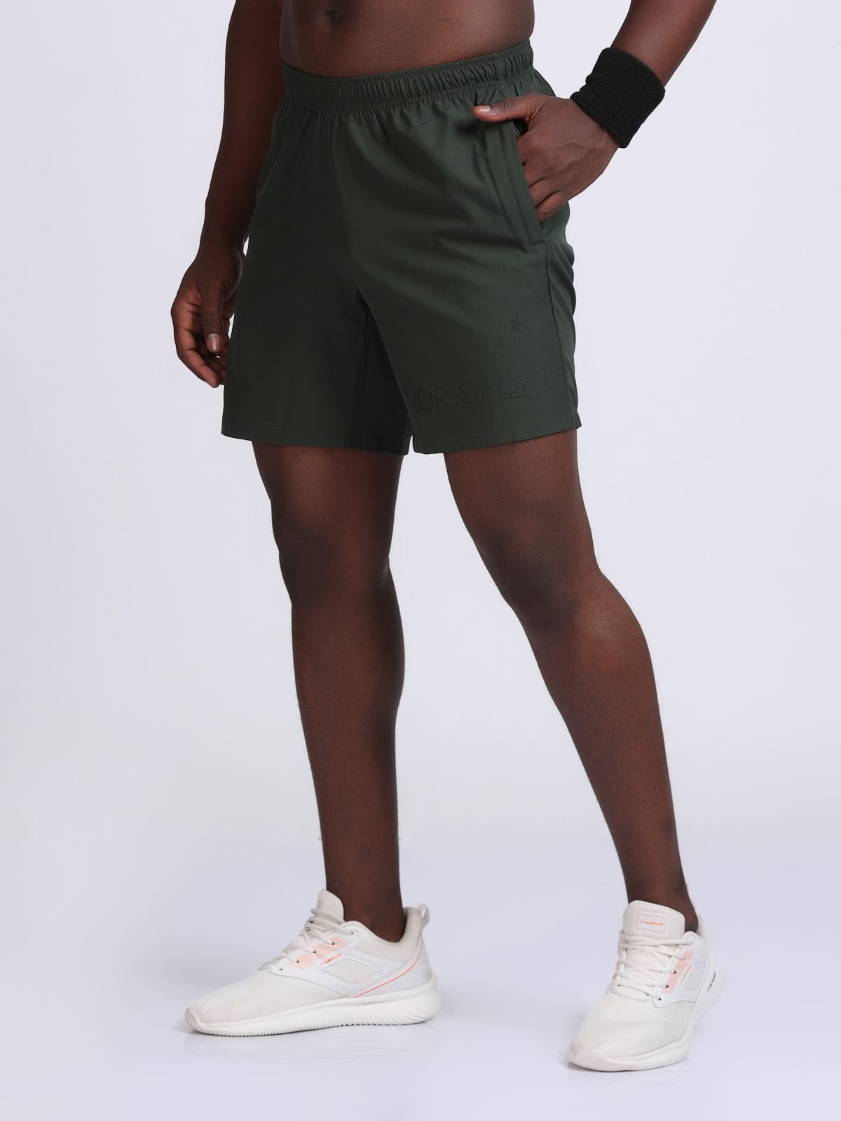 Left-side view of olive green athletic Feather LaserTech shorts.