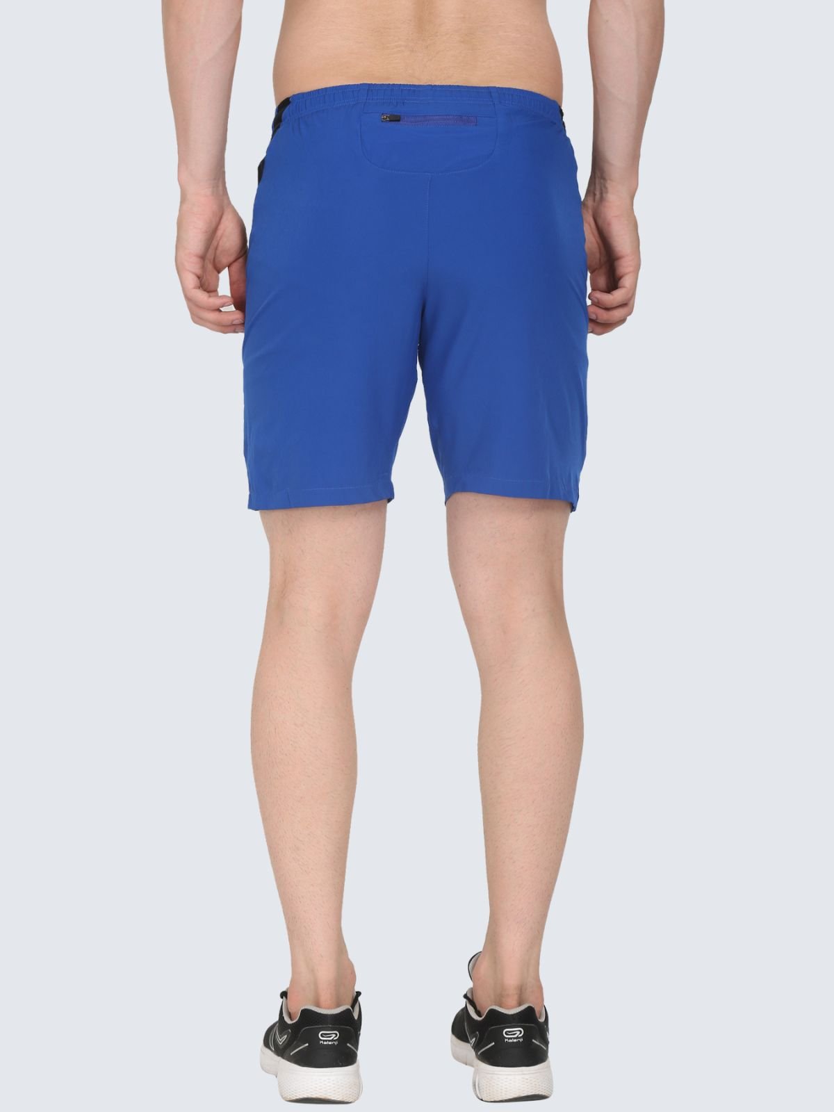 Back view of royal blue athletic Knitted Mesh shorts showing rear zip pocket on a white background