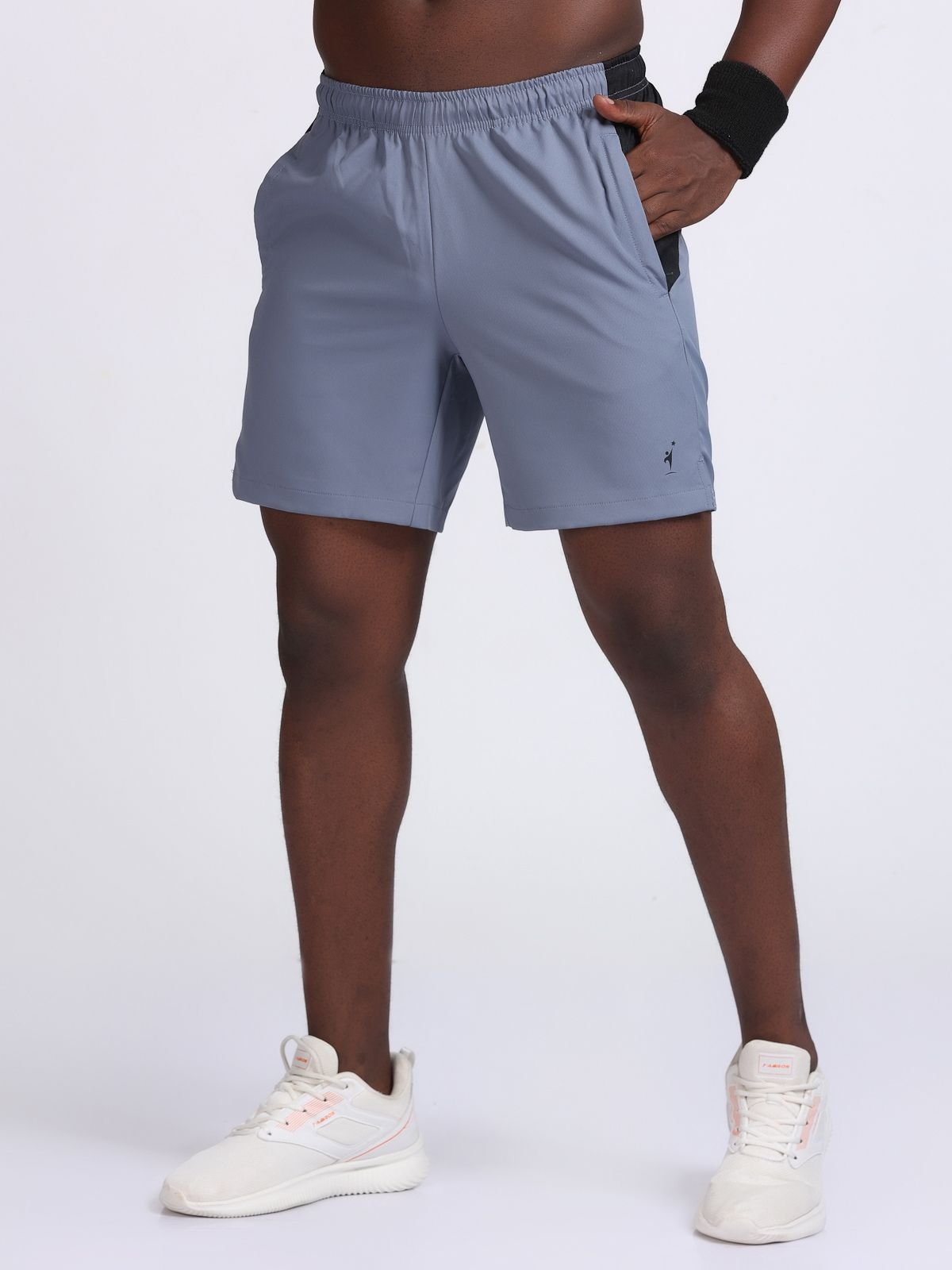 Left-side view of grey RacerStrip Performance shorts with black side panel.