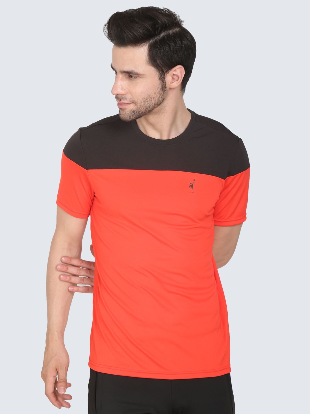 Front view of tomato red ClubSpirit T-shirt with black yoke on a white background