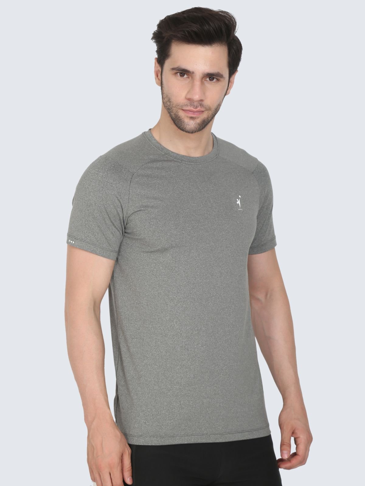 Three-quarter view of medium grey athletic Cool N Comfort T-shirt on a white background