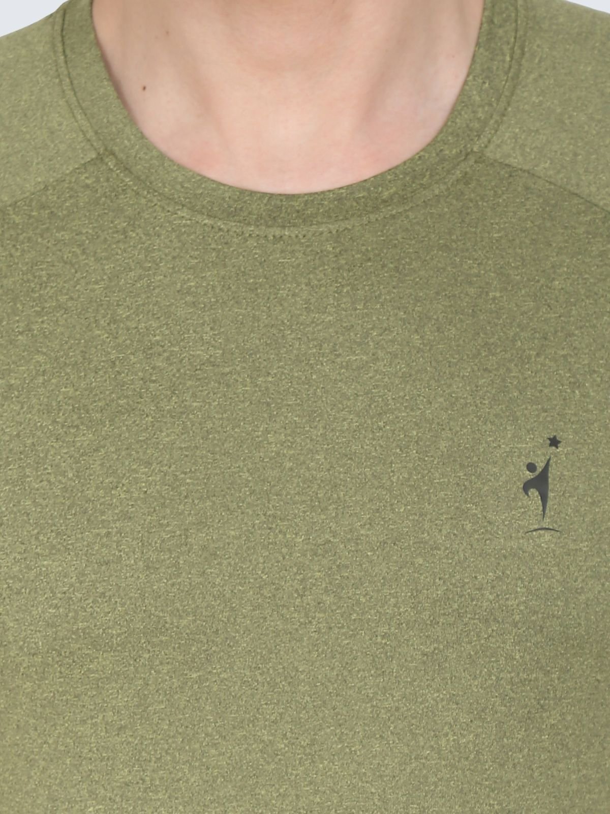 Close-up of olive athletic Cool N Comfort T-shirt showing collar, fabric texture and NDR SPORT logo
