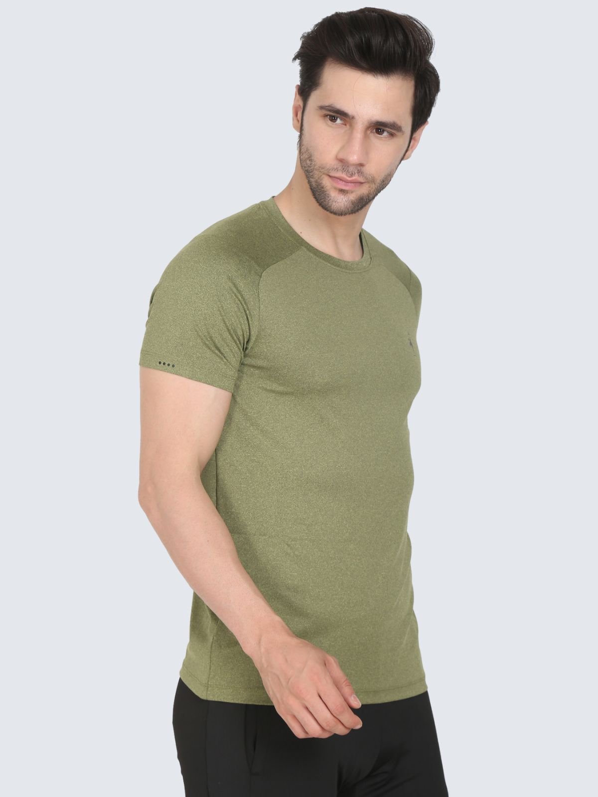 Three-quarter view of olive athletic Cool N Comfort T-shirt on a white background