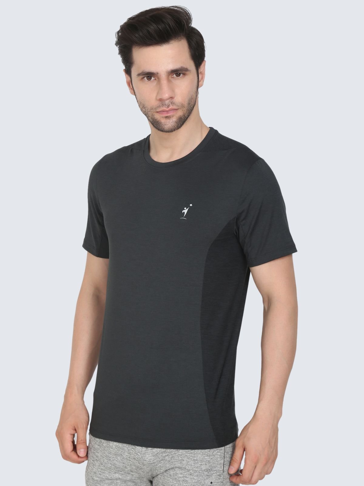 Men's charcoal grey crew-neck T-shirt with contrast side panels, front view