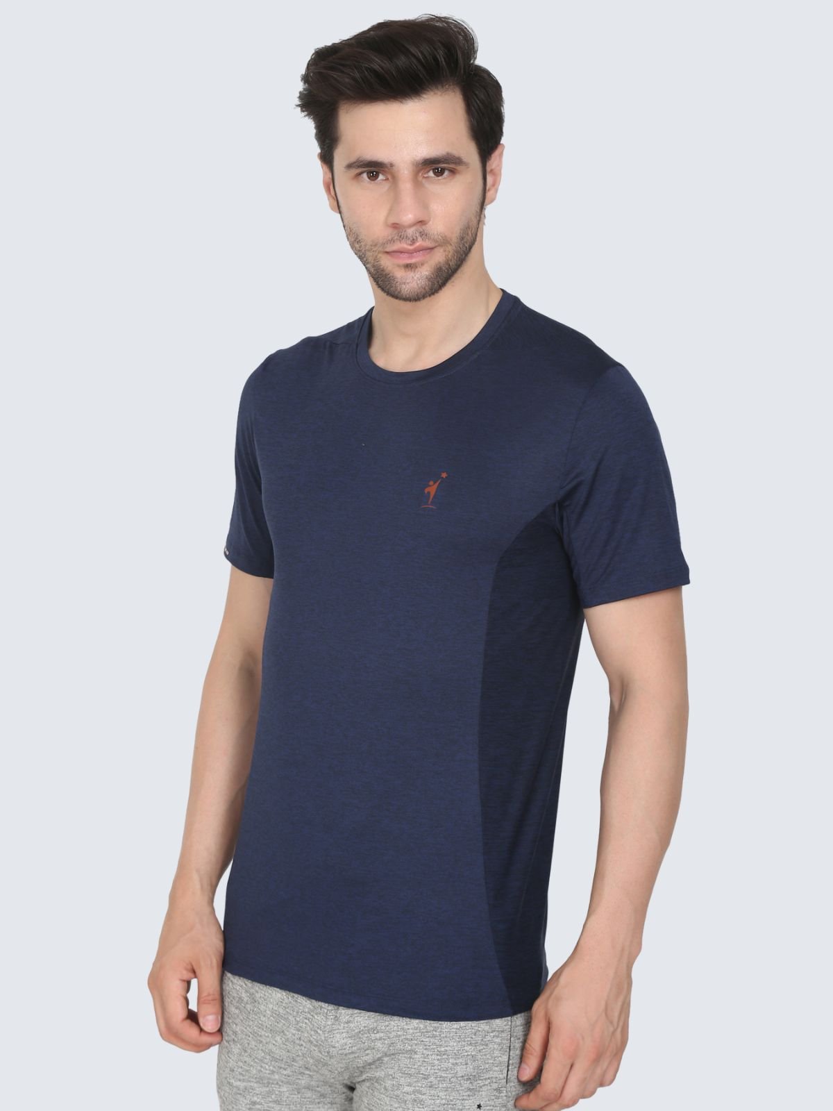 Men's navy crew-neck T-shirt with contrast side panels, three-quarter side view