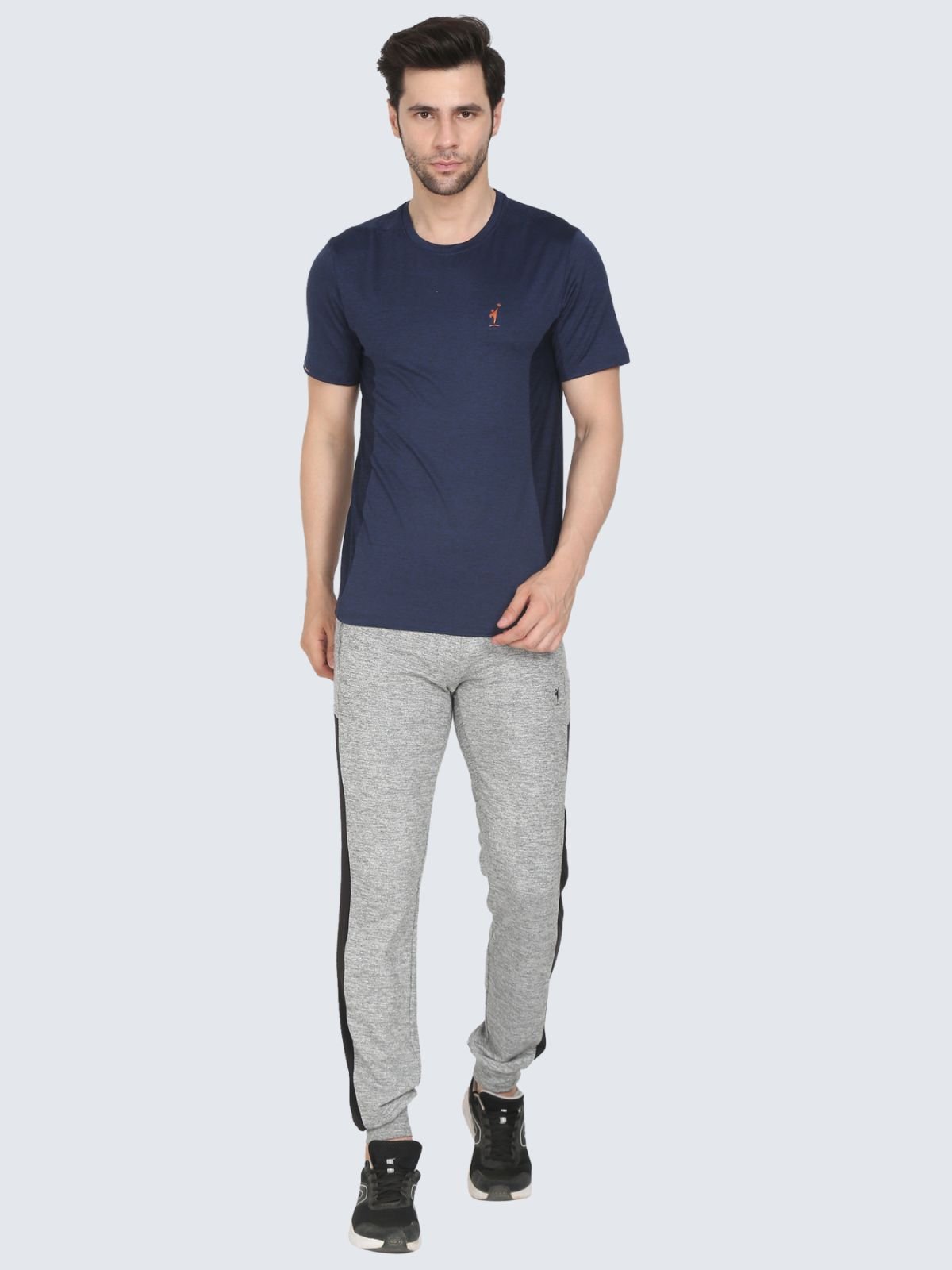 Men's navy crew-neck T-shirt with contrast side panels, full-length view