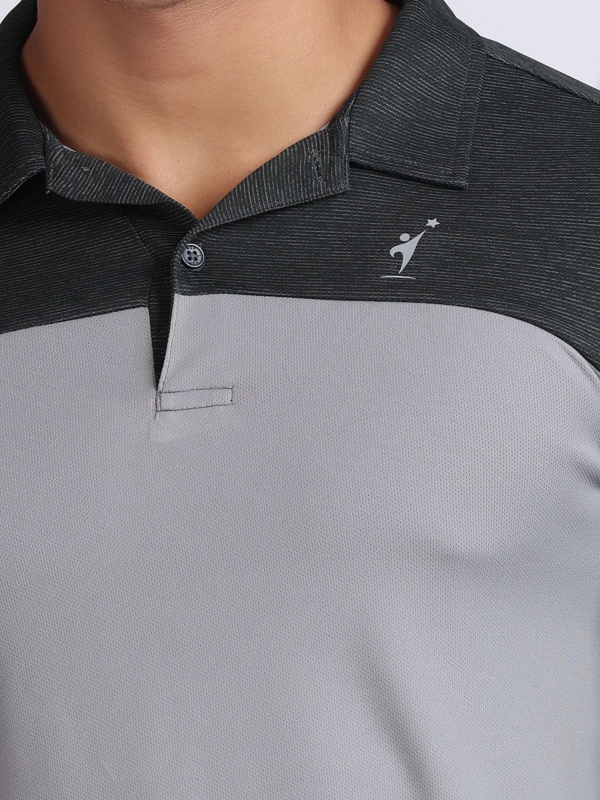 Close-up of the collar, placket and NDR SPORT logo on a light grey and dark grey long-sleeve poloT-shirt SwanTech.