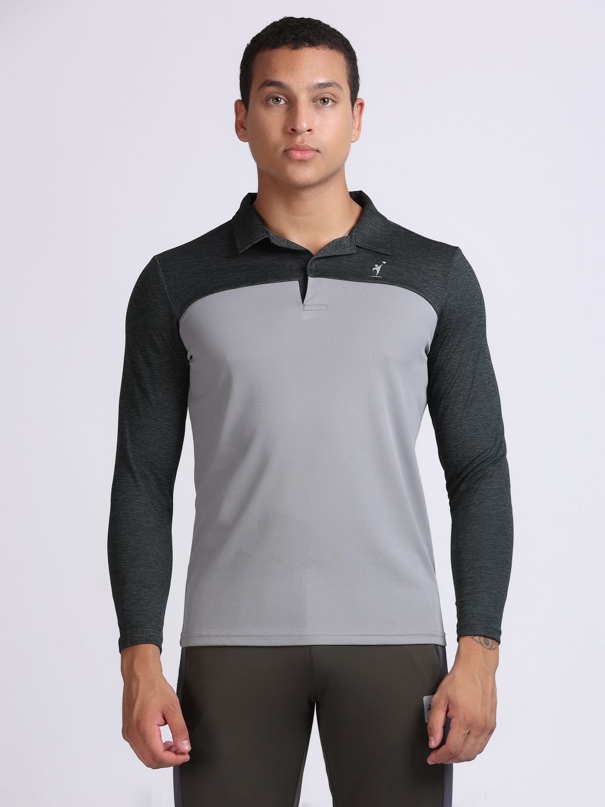 Front view of a light grey and dark grey long-sleeve polo T-shirt SwanTech athletic top.