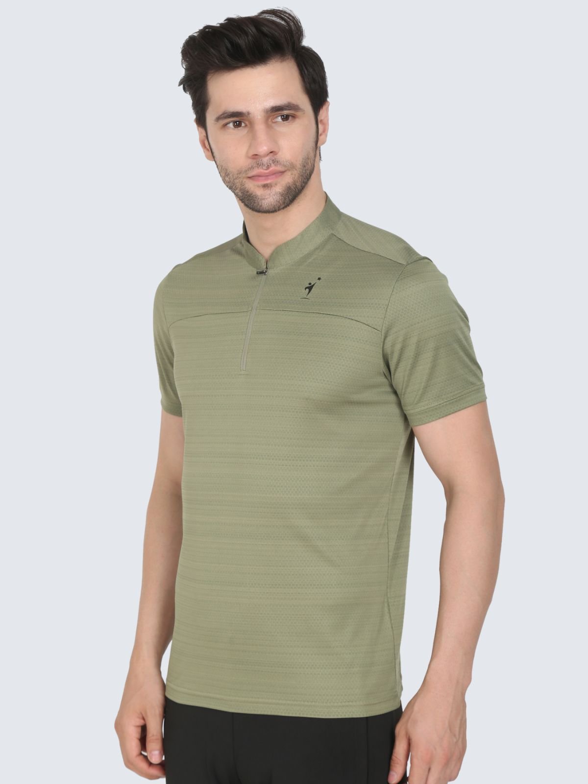 Men's olive half-zip textured athletic T-shirt, side view