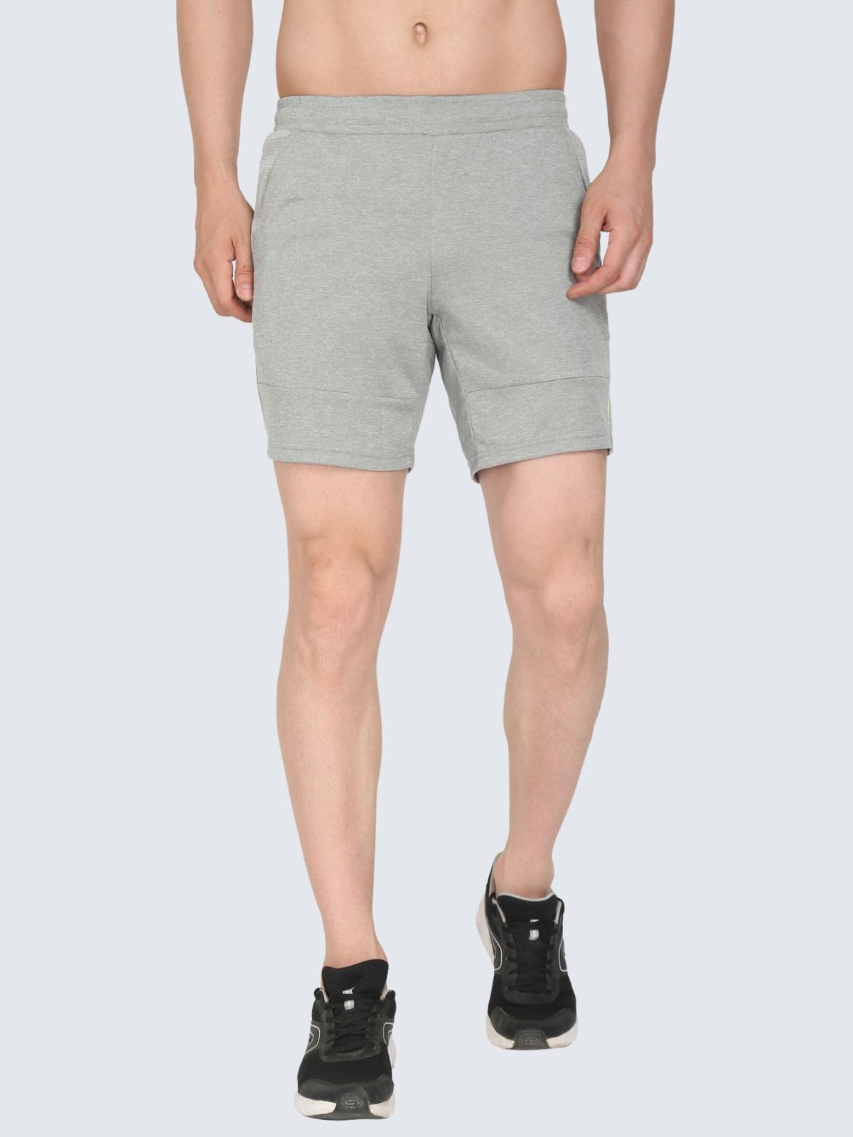 Front view of heather grey Reversible shorts on a white background