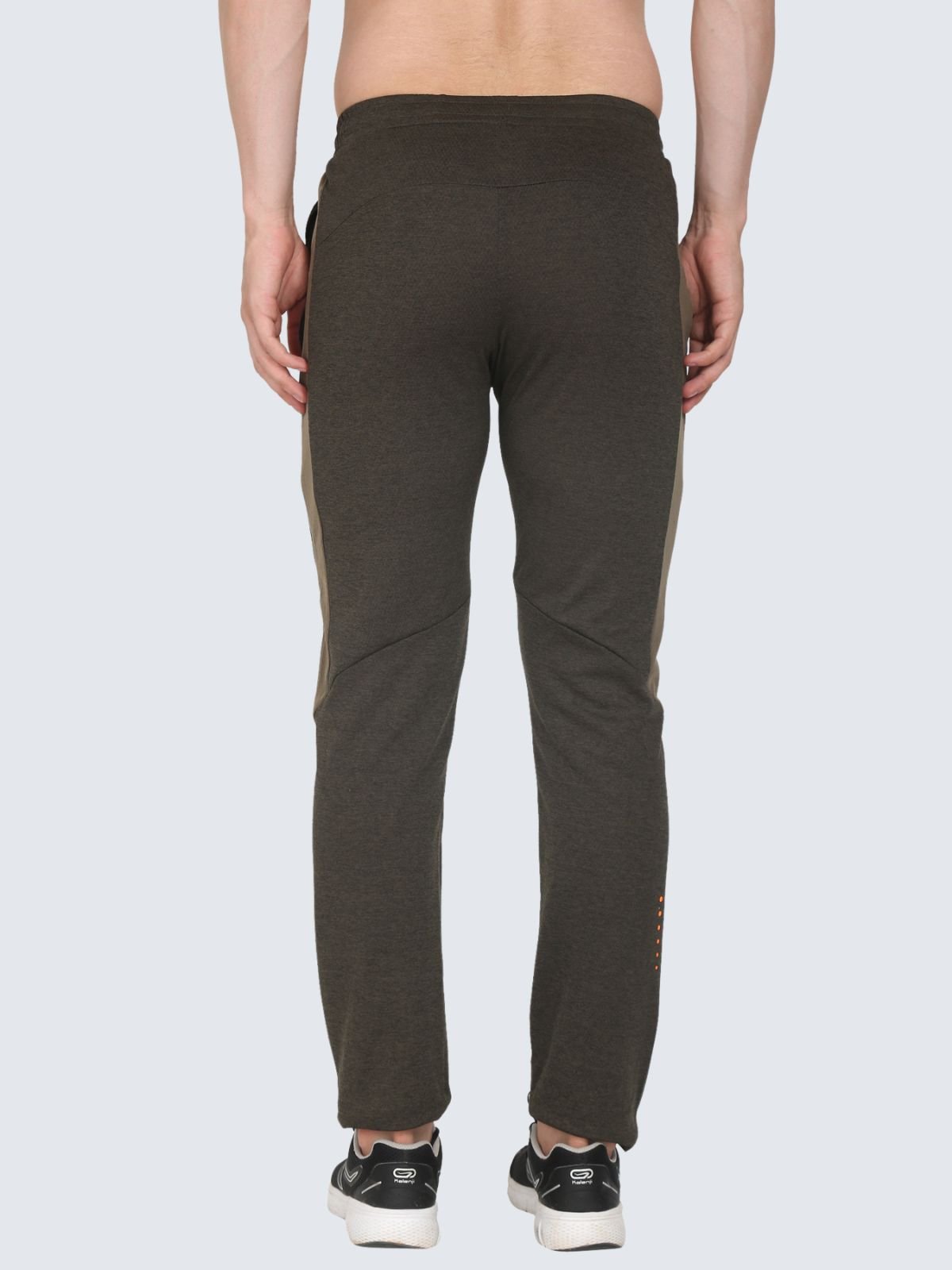 Back view of Straight Strip Olive Green athletic pants with darker side panels from waist to ankles on a white background